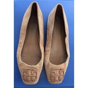 Tory Burch Georgia Square Toe Ballet Flats Sz 7M Leather Suede Brown Camel Logo